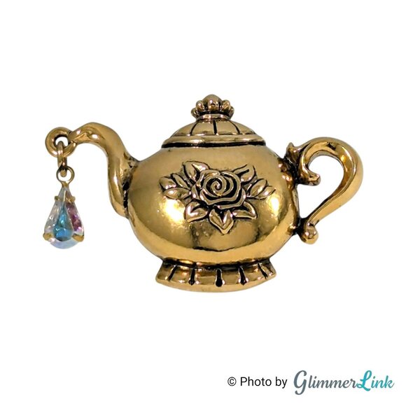 Vintage 1994 Avon Tea Time Tac Pin Gold Teapot Brooch Crystal Drop Book Piece - Picture 1 of 8